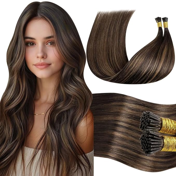 LaaVoo I Tip Hair Extensions Human Hair Brown Itips Hair Extensions Dark Brown Balayage Brown Itip Human Hair Extensions Silky Straight Hair 14inch 80g 160s