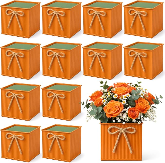 12 Pack Galvanized Square Vases with Floral Foam, 3.5 inch Waterproof Rustic Tin Buckets with Twine Bows, Mini Farmhouse Metal Planter Centerpieces for Wedding Party Table Decor(Orange)