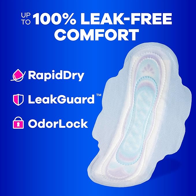 Always Ultra Thin Feminine Pads with Wings for Women, Size 1, Regular Absorbency, Unscented, Up to 100% Leak-Free Protection, 62 Count