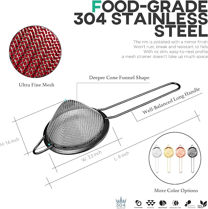 Homestia 304 Stainless Steel Fine Mesh Strainer for Kitchen, Cocktail Sieve Sifters for Food, Liquid Strainer Cup for Food, Drinks, Tea, Coffee, Juice, Noodles, Flour, Vegetable (Black)