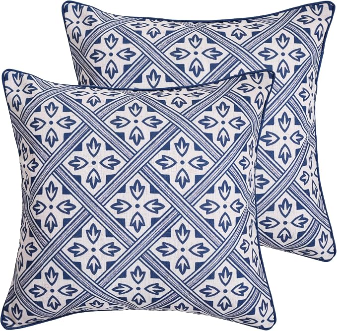 patdrea Designer French Linen Throw Pillow Cover,18"x18",Set of 2-Ivar C | Decorative Pillow Case,Chinoiserie Blue Floral Print Pillow Cover for Couch Living Room Bedroom Sofa