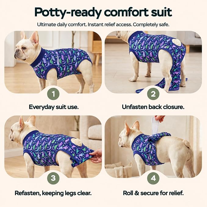 PetWarm Surgery Recovery Suit Spay, Onesies for Dogs, Dog Cone Alternative After Surgery Substitute E-Collar and Cone Prevent Dog Onesies Pet Recovery Suit, Dinosaur Pattern, Blue Purple, XS