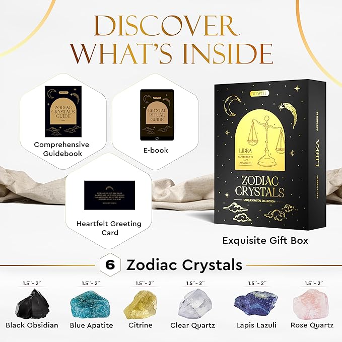Wyspell Libra Crystal Set - 6 Raw Libra Crystals and Healing Stones - Zodiac Gifts for Women - Libra Birthday Gifts for Women - Astrology Gifts for Women - Zodiac Crystal Set - Healing Gifts