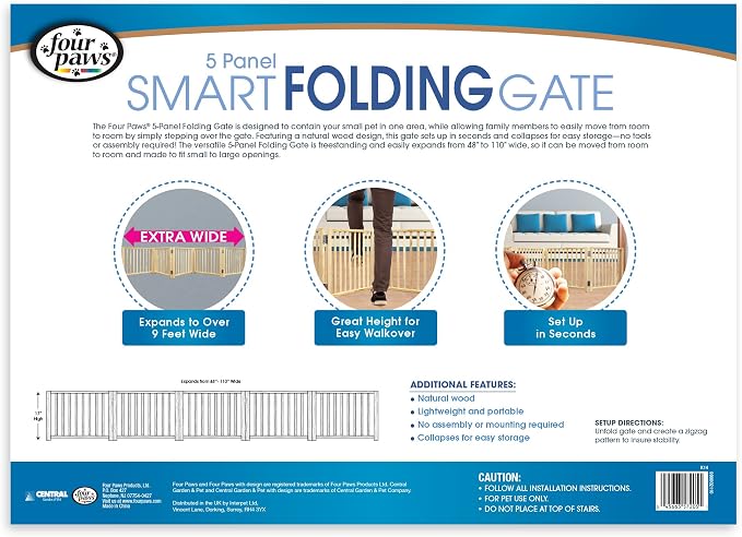Four Paws Smart Folding Free Standing 5-Panel Wood Dog Gate, 48"-110" W by 17" H