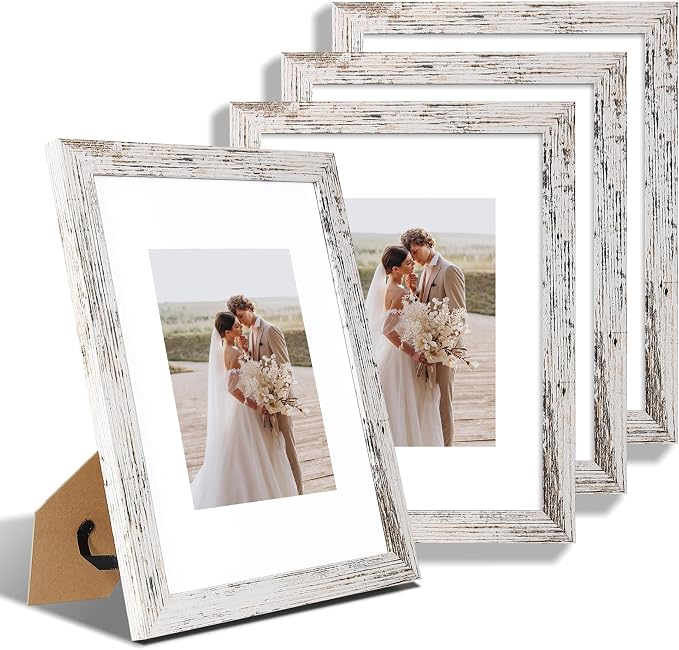 Hongkee 9x12 Picture Frame Set of 4, Made of Glass and Distressed White Wooden Frame - Display Picture 6x8 with Mat or 9 x 12 Without Mat, 9 by 12 Photo for Wall or Tabletop