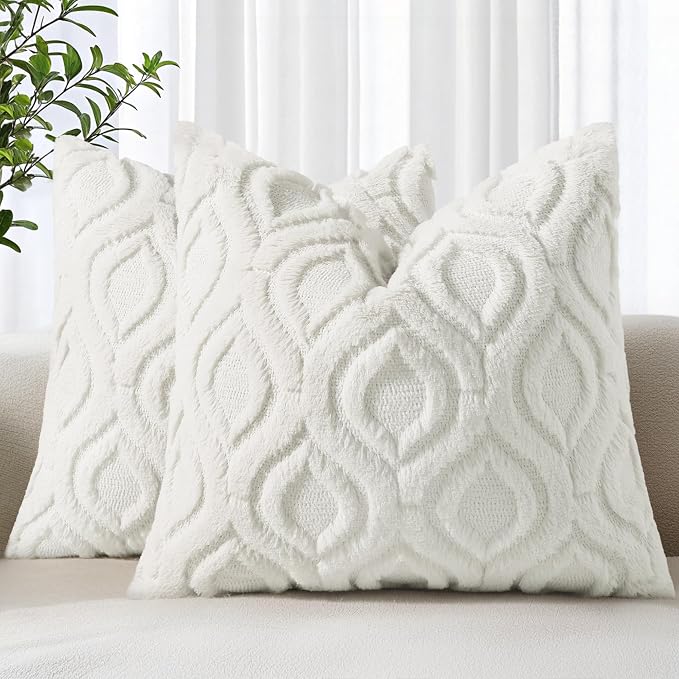 decorUhome Faux Fur Soft Cream White Throw Pillow Covers 24x24 Set of 2 | Plush Solid Fall Couch Pillow Covers, Accent Modern Farmhouse Neutral Decorative Square Pillow Cases for Sofa Bed Living Room