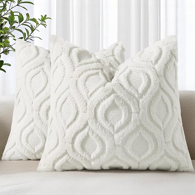 decorUhome Faux Fur Soft Cream White Throw Pillow Covers 16x16 Set of 2 | Plush Solid Fall Couch Pillow Covers, Accent Modern Farmhouse Neutral Decorative Square Pillow Cases for Sofa Bed Living Room