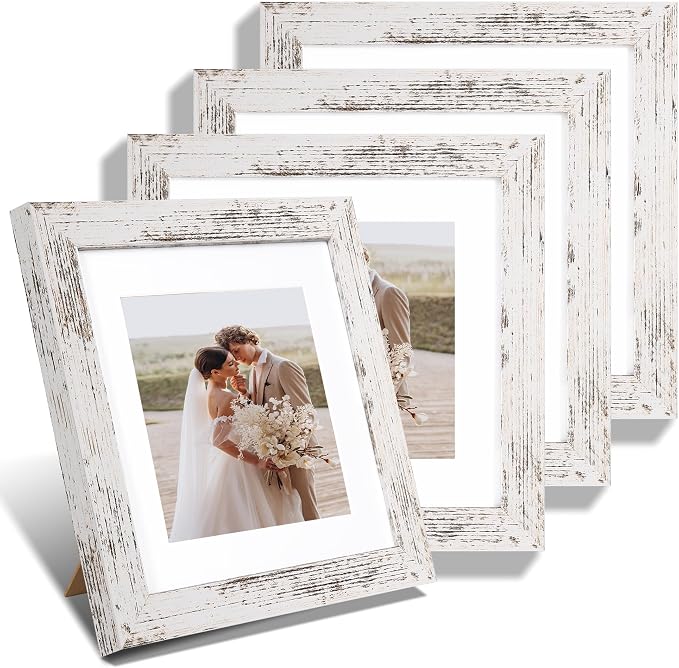 Hongkee 8x8 Picture Frames Set of 4, Made of Glass and Distressed White Wooden Frame - Display Picture 6x6 with Mat or 8 x 8 Without Mat, 8 by 8 Photo for Wall or Tabletop