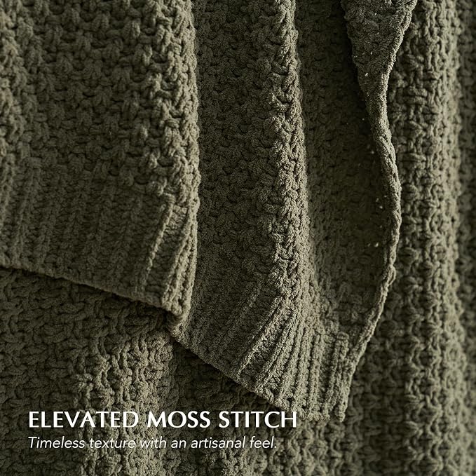 EVERGRACEHOME Chunky Chenille Knit Throw Blanket, 90 x 90, Olive Green | Sculpted Moss Stitch, Chic Modern Farmhouse, All-Season Warmth, OEKO-TEX® Certified, Oversized Queen for Couch, Bed, Sofa