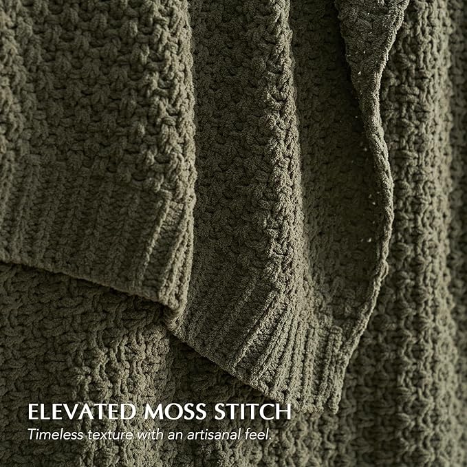 EVERGRACEHOME Chunky Chenille Knit Throw Blanket, 50 x 60, Olive Green | Sculpted Moss Stitch, Chic Modern Farmhouse, All-Season Warmth, OEKO-TEX® Certified, Elegant Blanket for Couch, Bed, Sofa