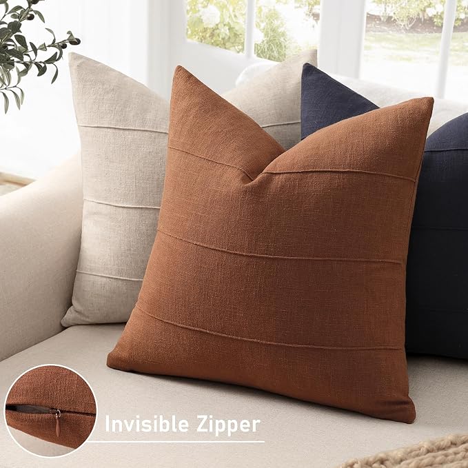 Decorative Linen Throw Pillow Covers 20x20 Set of 2 Solid Handcrafted Striped Cushion Covers for Bed Soft Modern Farmhouse Neutral Pillowcase for Couch Bedroom Living Room Home Decor(Rust)