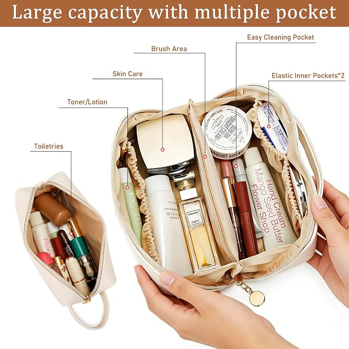 KKXIU Initial Makeup Bag for Women - Personalized Makeup Bag Gifts for Women, Travel Toiletry Bag with PU Leather, Open Flat Design with Top Handle, Cosmetic Bag Set with Multi-Pocket (Beige,N)