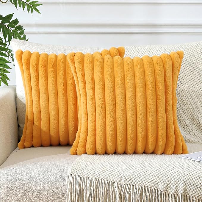 Soleebee Set of 2 Throw Pillow Covers Soft Cozy Velvet Pillowcase Faux Rabbit Fur Cover for Couch Sofa Bed Chair Home Decorative Pillows Cover (22x22 Inch, Mustard Yellow)