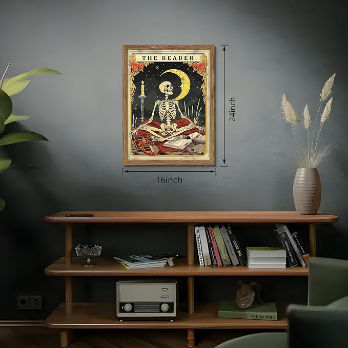 Framed The Reader Tarot Canvas Wall Art, Skeleton Reader Tarot Card Pictures Wall Decor, Bookish Witchy Library Poster Print Artwork for Witchy Reading Nook Book Lover Gift 16x24 inch