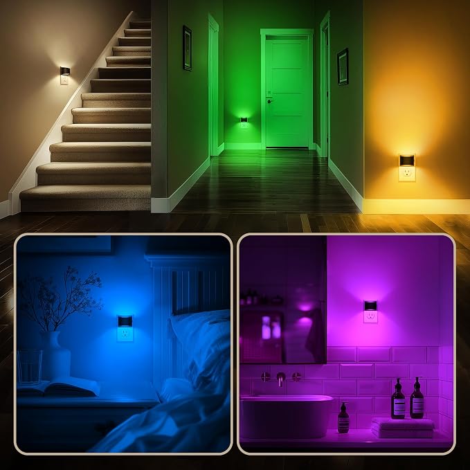 Night Light, Night Lights Plug into Wall, Adjustable, RGB | 3 Level Brightness Adjustable Plug in Night Light, Dusk to Dawn Sensor, Nightlights for Adults, Bedroom, Bathroom, 2 packs