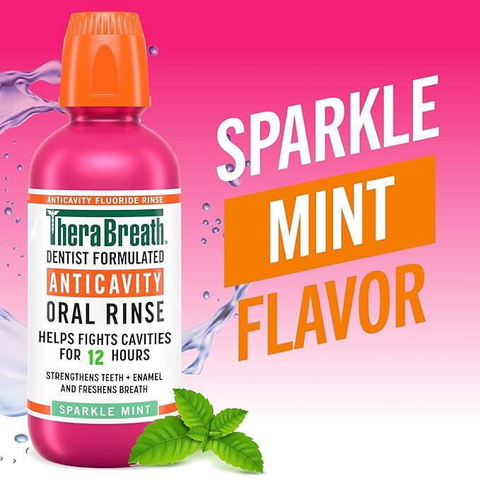 TheraBreath Anticavity Fluoride Oral Rinse Mouthwash, Fights Cavities, Strengthens Enamel and Freshens Breath, Dentist-Formulated, Alcohol-Free, Sparkle Mint Flavor, 16 fl oz, Pack of 2