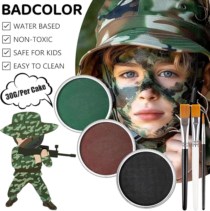 Black Green Brown Camo Face Paint with Brushes Set, Water Based Face Painting Kit for Camouflage Military Hunting & Paintball, Facepaint for Kids & Adults Halloween Special FX Cosplay Costume Makeup