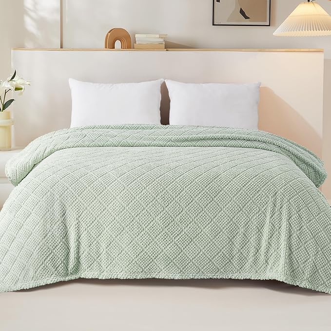 Whale Flotilla Soft Fleece Twin Size Blanket for Bed, Sage Green | Jacquard Waffle Blankets for Home Decor, Lightweight and Cozy, All Season Suitable, 60x80 Inch
