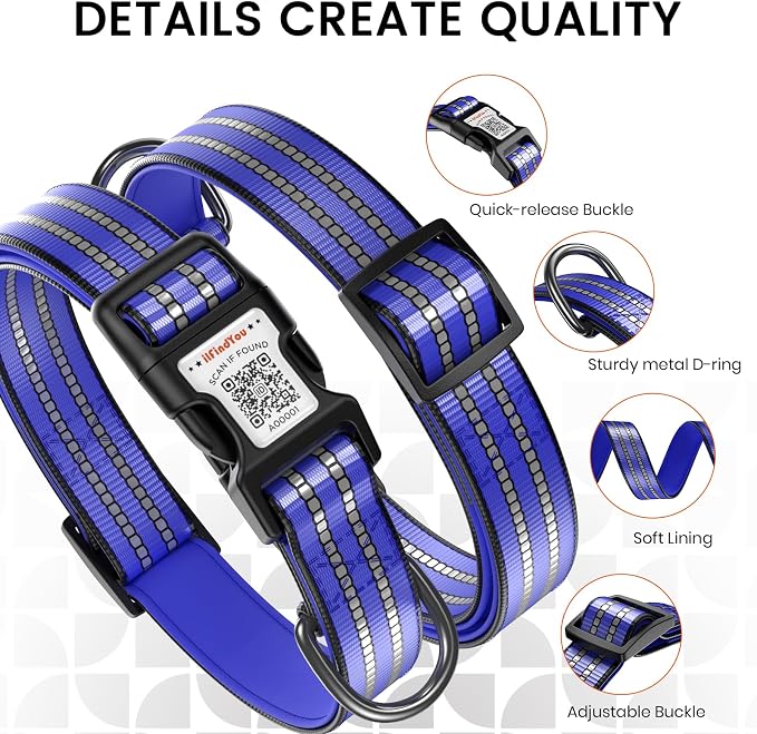 Personalized Dog Collar with QR Code Dog Tag, Navy Blue S | Anti-lost, 1000D nylon, reflective, padded, XS-L(8"-24"), QR buckle shares lost pet profile, location alerts when scanned
