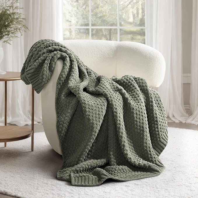 EVERGRACEHOME Chunky Chenille Knit Throw Blanket, 60x80, Dried Thyme Green | Sculpted Moss Stitch, Chic Modern Farmhouse, All-Season Warmth, OEKO-TEX® Certified, Elegant Blanket for Couch, Bed, Sofa