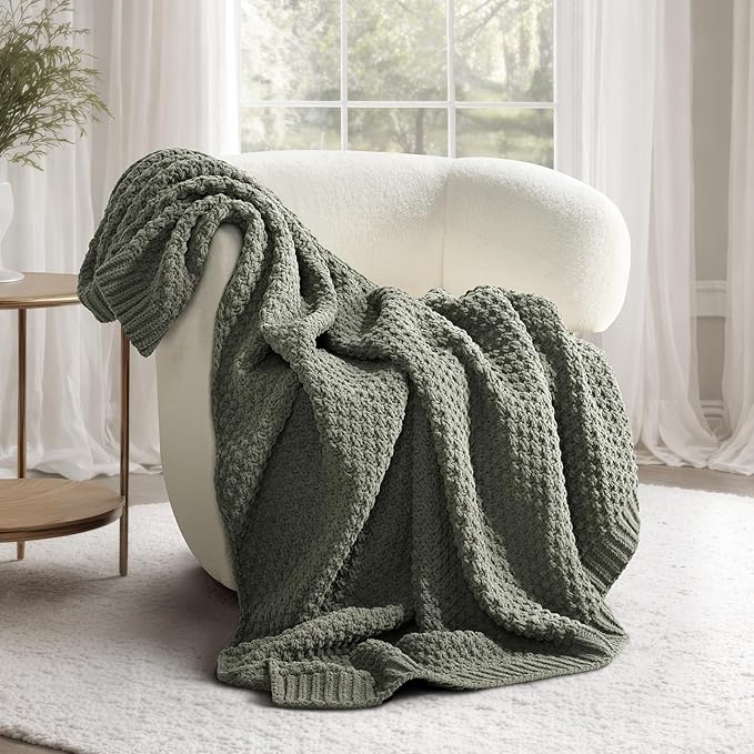 EVERGRACEHOME Chunky Chenille Knit Throw Blanket, 50x60, Dried Thyme Green | Sculpted Moss Stitch, Chic Modern Farmhouse, All-Season Warmth, OEKO-TEX® Certified, Elegant Blanket for Couch, Bed, Sofa