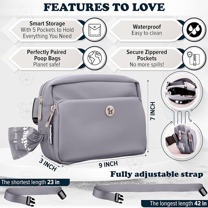Puppington 3-in-1 Crossbody Dog Walking Bag & Treat Pouch with Matching Planet Safe Poop Bags & Built-In Dispenser - Zippered Pockets (Charcoal Gray)