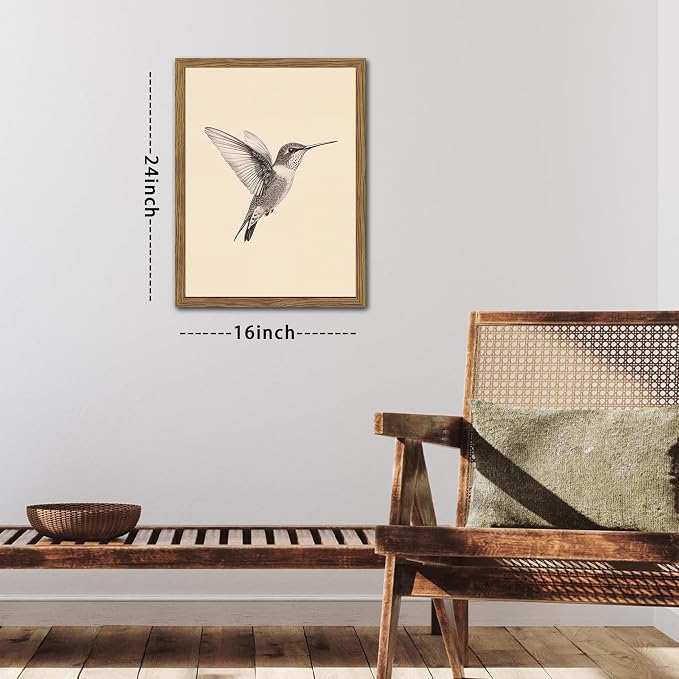 Vintage Framed Wall Art, Birds Canvas Prints, Hummingbird Sketch Painting Picture, Neutral Farmhouse Artwork Wall Decor for Living Room Bedroom – Dark Wooden Frame 16x24in