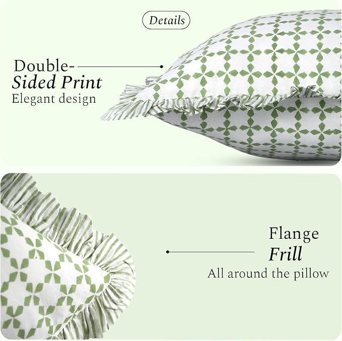 CPC Kelly Green Hand Block Print 100% Cotton Ruffle Throw Pillow Cover 18x18 inch with Hidden Zipper Decorative for Couch, Bed, Sofa, Farmhouse, Cottagecore Decor Gift Christmas Fall Thanksgiving