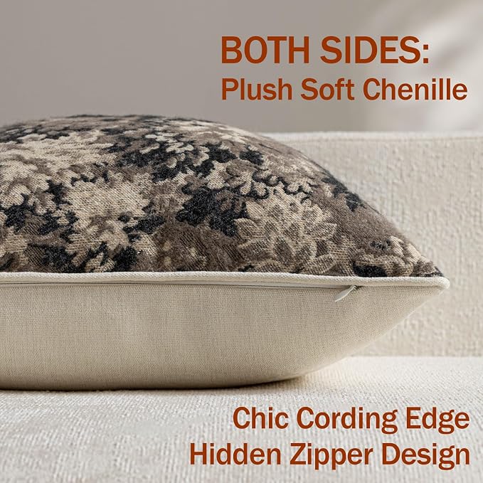 Pack of 2 Vintage Floral Throw Pillow Covers 16x16 Boho Farmhouse Accents Chenille Square Decorative Pillow Cases for Living Room Couch Bed Home Decor, Taupe
