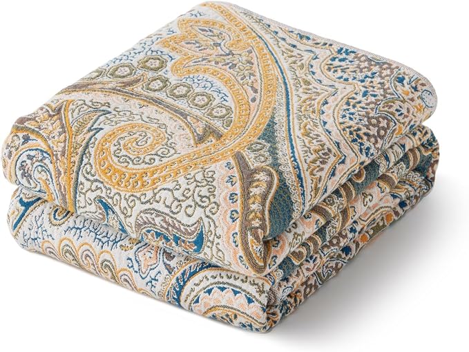 100% Cotton Boho Throw Blanket for Home Decor – Classic Farmhouse Quilt Bedding, Muslin Blankets for Adults, Vintage Woven Decorative Blanket for Couch, Bed Layering Use, Paisley Pattern, 104"x90"