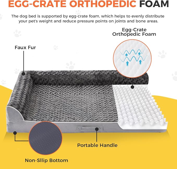 XXL Orthopedic Dog Bed, Extra Large Dogs, 48"x35"x7.5", Grey | Waterproof, Washable Cover, L-Shaped Pet Couch, Egg-Crate Foam for Pressure Relief, Portable Handle