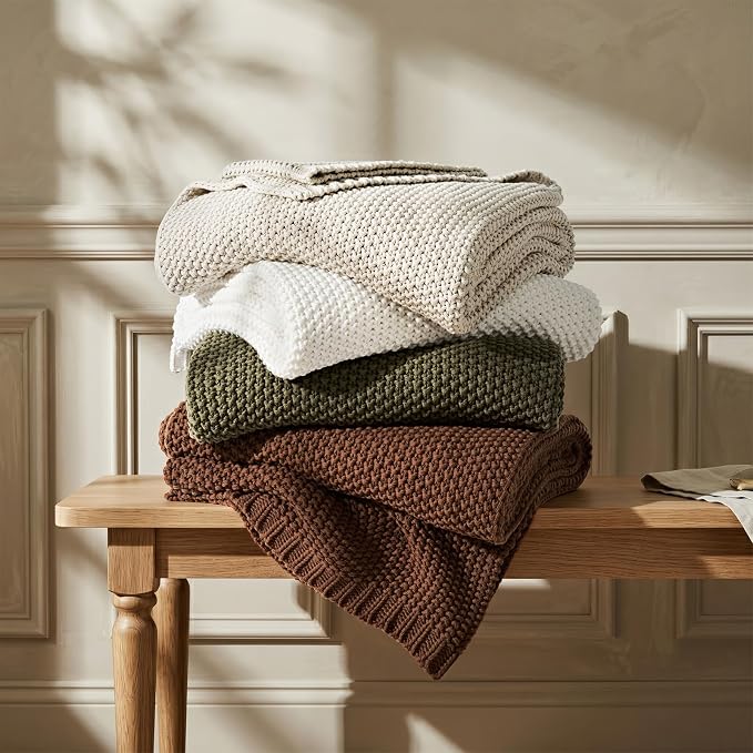 Organic Cotton Chunky Knit Throw Blanket, 50 x 60 Terracotta | OCS Certified Organic Cotton, Seed Stitch Knit, Soft & Breathable, Cozy Midweight, Decorative Throw for Couch, Bed & Sofa