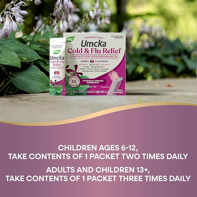 Nature's Way Cold + Flu Relief FastActives, Umcka, Homeopathic, Fever*, Sore Throat, Cough, Congestion, Phenylephrine Free, Non-Drowsy, Berry Flavored, 10 Packets (Packaging May Vary)