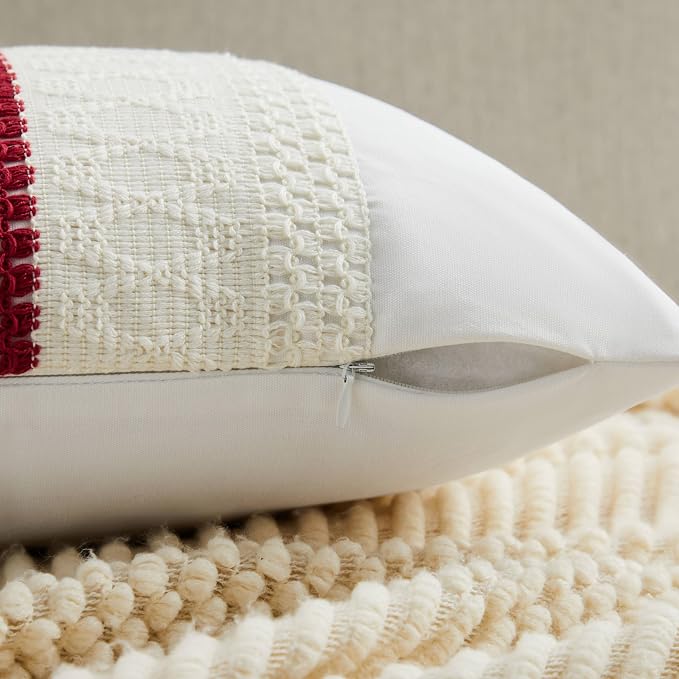 2pk Boho Pillow Covers 18x18, Natural White/Contrast/Red | 100% Organic Cotton Body, Stripe Embroidery, Farmhouse Decorative Cushion Covers for Sofa Bed Living Room Home Decor