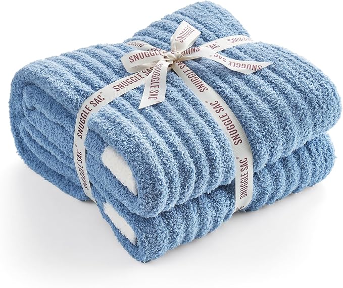 Snuggle Sac Queen Size Blanket for Bed, Soft Luxurious Bedding Blankets, Large Fuzzy Plush Microfiber Blankets, Washed Blue, 90x90 inches
