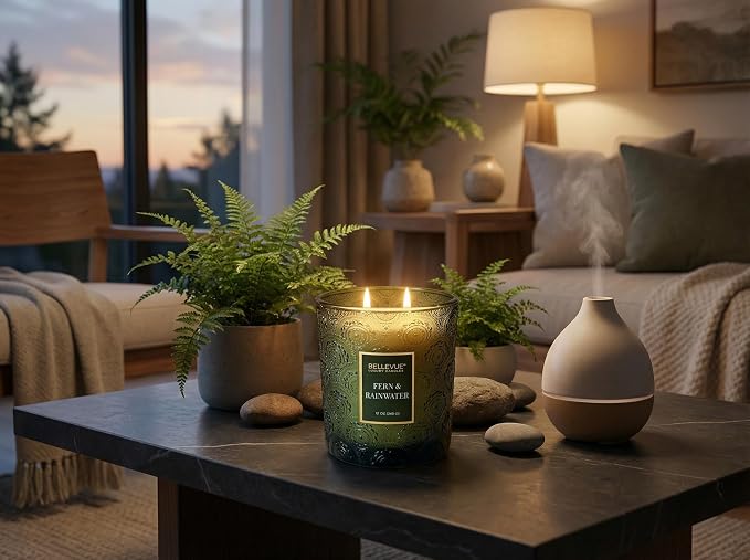 Bellevue Luxury Candles, 12 OZ Soy Blend Candle, Embossed Glass, Fragrances formulated with Essential Oils, Home Fragrances, Scented Candles Gift Set ǀ Scent: Fern & RAINWATER
