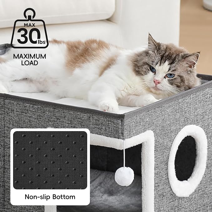 Extra-Wide Cat Houses for Indoor Cats, Large Cat Cave Bed with Fluffy Ball and Scratch Pad, Foldable Covered Kitten Bed for Multiple Cats, 23.6x16x13 inches, Grey