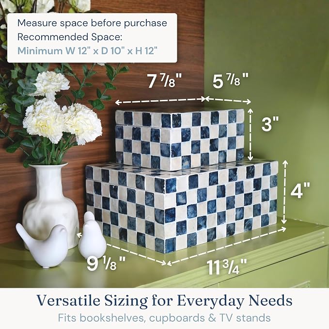 12"x8" Decorative Capiz Boxes Keepsake Trunk, Navy Blue, Set 2 | Handmade capiz inlaid keepsake boxes for photos, blue checkered boxes, checkered box decor, blue storage box for bedroom