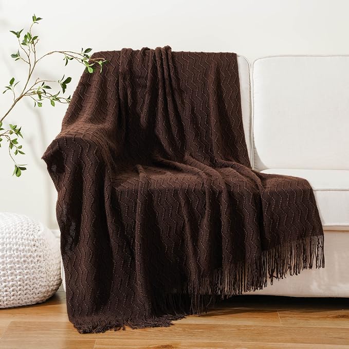 BATTILO HOME Dark Brown Throw Blanket for Couch, Boho Throw Blanket for Home Decor, Decorative Chocolate Knit Throw Blankets for Chair Sofa, Bed, 50"x60"