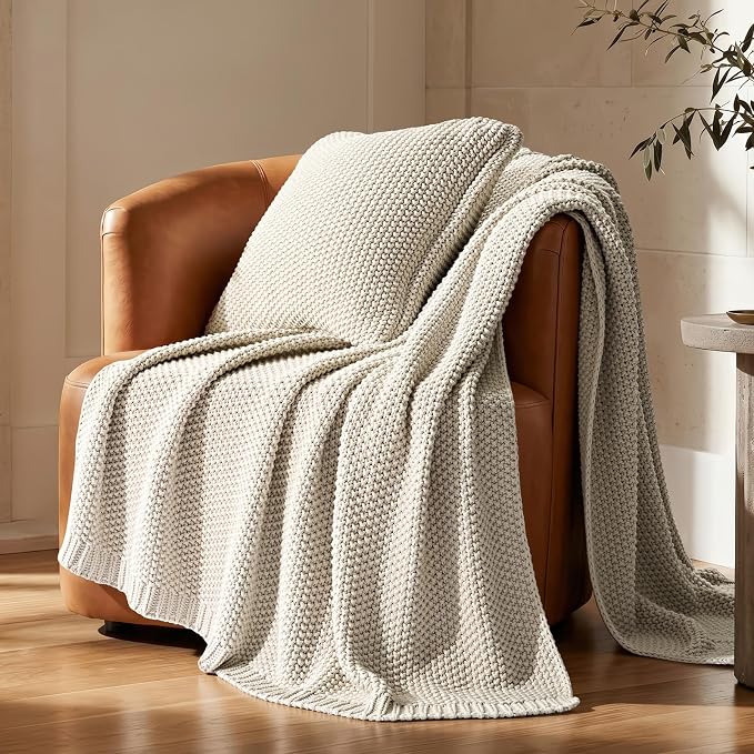 Organic Cotton Chunky Knit Throw Blanket, 50 x 60 Birch | OCS Certified Organic Cotton, Seed Stitch Knit, Soft & Breathable, Cozy Midweight, Decorative Throw for Couch, Bed & Sofa