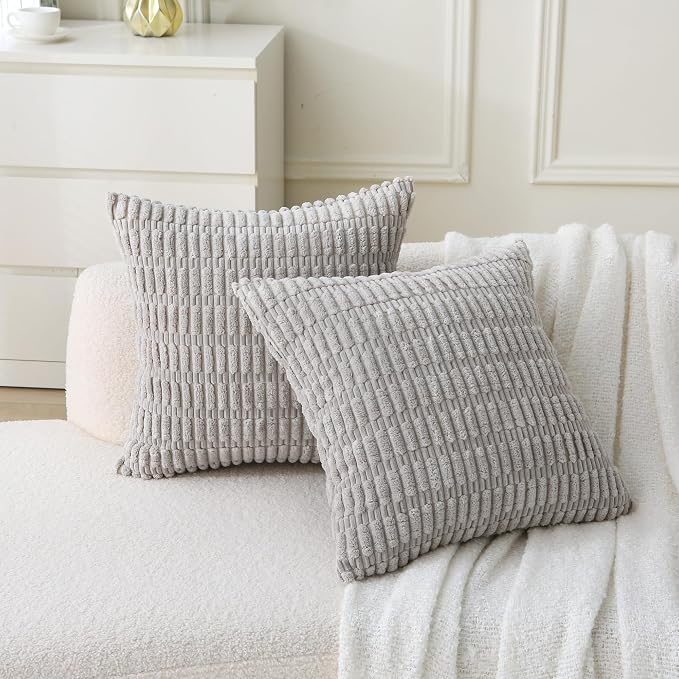 2 Pack Corduroy Decorative Throw Pillow with Inserts, 18x18 Inch Soft Boho Throw Pillow, Square Striped Throw Pillows for Couch, Bed, Sofa Decor (Light Gray)