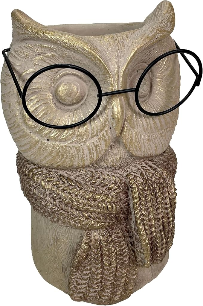 Owl Cement Vase, 8.25 Inch Bespectacled Woodland Planter | Horned Tufts, Distressed Taupe Finish, Real Black Wire Glasses, Gold-Brushed Knit Scarf, 2.75 Inch Opening