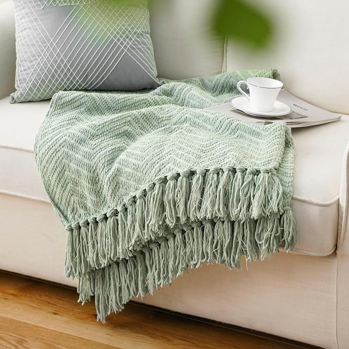 BATTILO HOME Sage Green Throw Blanket for Couch, 50"x60" | Knit Sage Throw Blanket Versatile for Couch, Super Soft Warm Spring Green Blanket for Bed Sofa