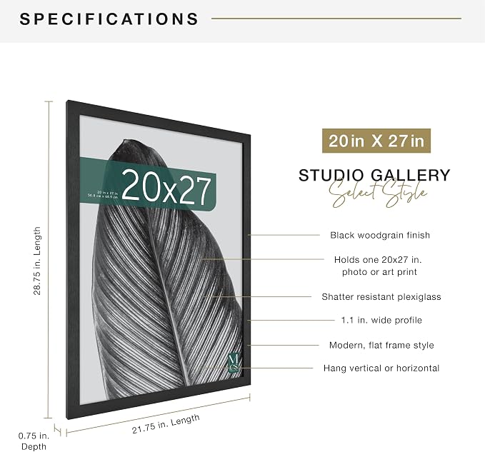 MCS Studio Gallery 20x27 Poster Frame Black Woodgrain Engineered Wood, Vertical & Horizontal Wall Hanging Large Picture Frame for Photos, Posters & Art Prints (1-Pack)