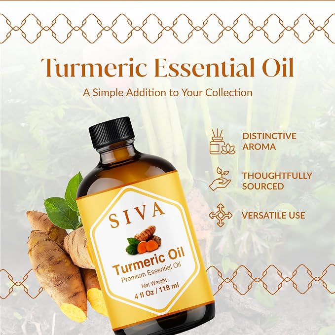 Siva Turmeric Essential Oil 4 Fl Oz – for Diffuser, Skin & Hair Care – Ideal for Massage & DIY Blends- with Dropper