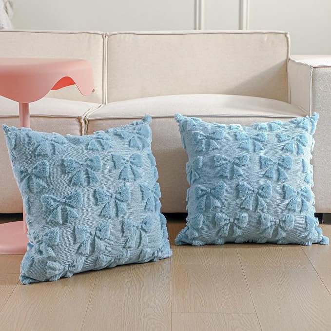 Mixweer Blue Bow Pillow Covers Set of 2 Preppy Room Decor Coquette Cute Spring Summer Decorative Faux Fur Soft Bowknot Stuff Fluffy Plush Aesthetic Pillowcase for Bed Sofa Couch (20 x 20 Inch)