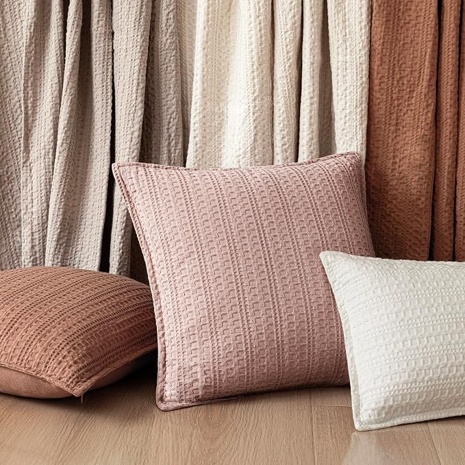Foindtower Set of 2 Decorative Cotton Waffle Weave Throw Pillow Covers Euro Shams Cushion Covers Accent European Pillowcase for Bed Couch Sofa Bedroom Living Room Home Decor 24×24 Inch Dusty Pink