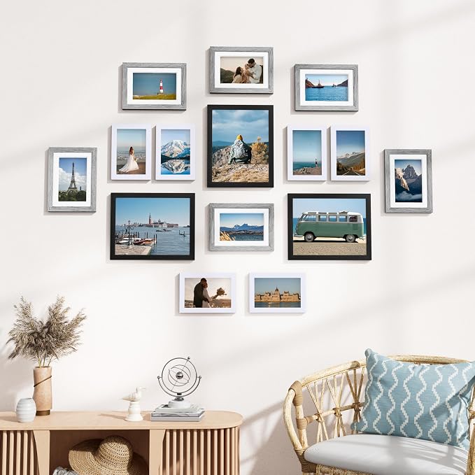 Vittanly 15 Pack Gallery Wall Frame Set, Black, Grey, White | Picture Frames Collage Wall Decor: 3pcs 8x10, 6pcs 5x7, 6pcs 4x6. Picture Frame Set for Wall or Tabletop Display