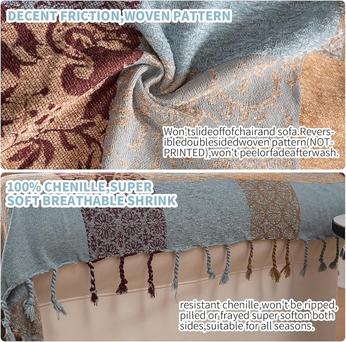 Bohemian Chenille Throw Blanket, Boho Jacquard Tassels Cover for Couch Bed, Decorative Sofa Slipcover Protector - Colorful Tribal Pattern (Vintage, 60 * 75 in)