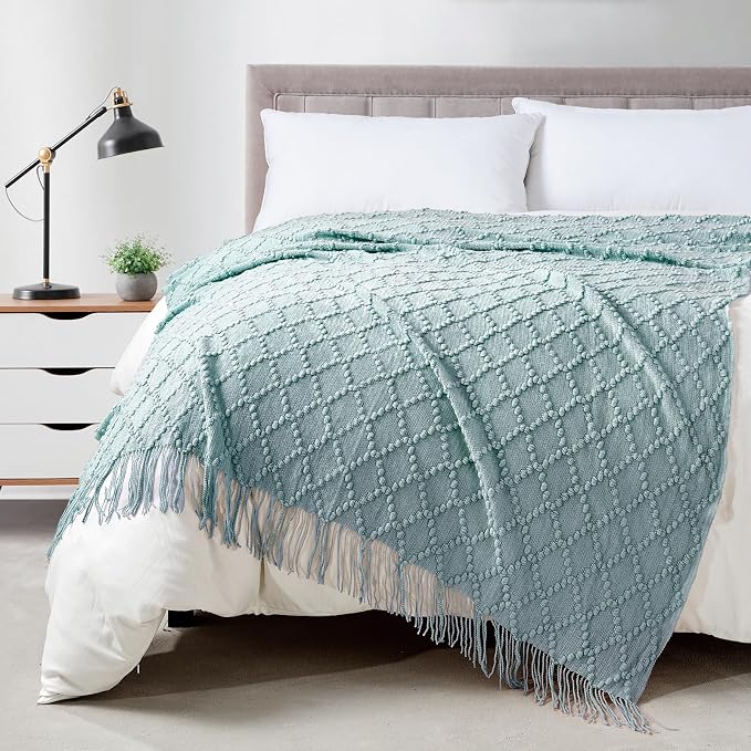 BOURINA Auqa Throw Blanket 50 x70 Inch Jacquard Throw Knitted Blanket | Jacquard Argyle Throw Textured Solid Soft Throws and Blankets for Sofa or Bed Knitted Decorative Blanket